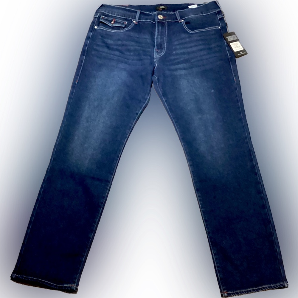 TRUE RELIGION Geno Flap Pocket Relaxed Slim Jeans Red Stitching Logo Dark Boreal